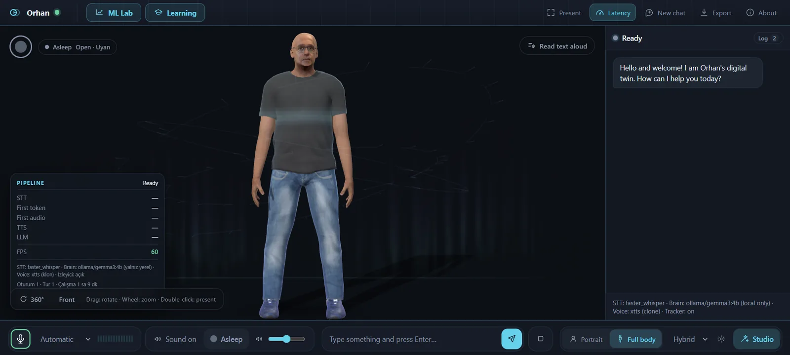Full body 3D avatar of the digital twin, with a chat panel on the right and voice and view controls below.
